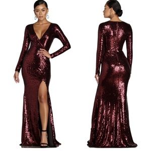 Beautiful Maroon Long Sleeve Sequined Dress with Slit